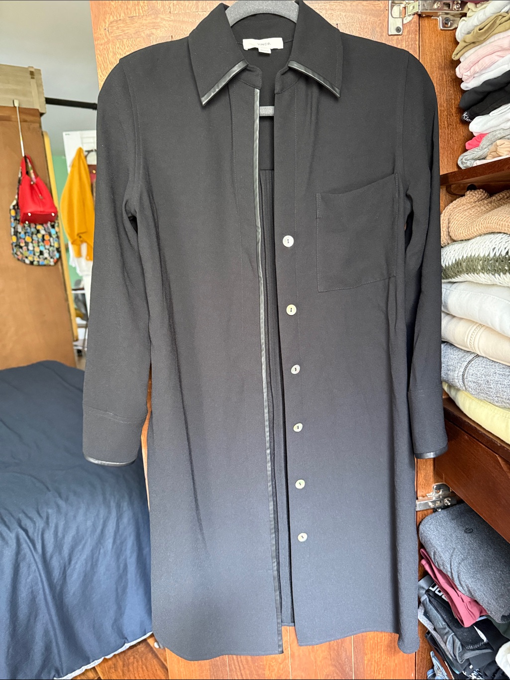 Vince Black Long Button-Front Shirt Dress With Leather-Trim